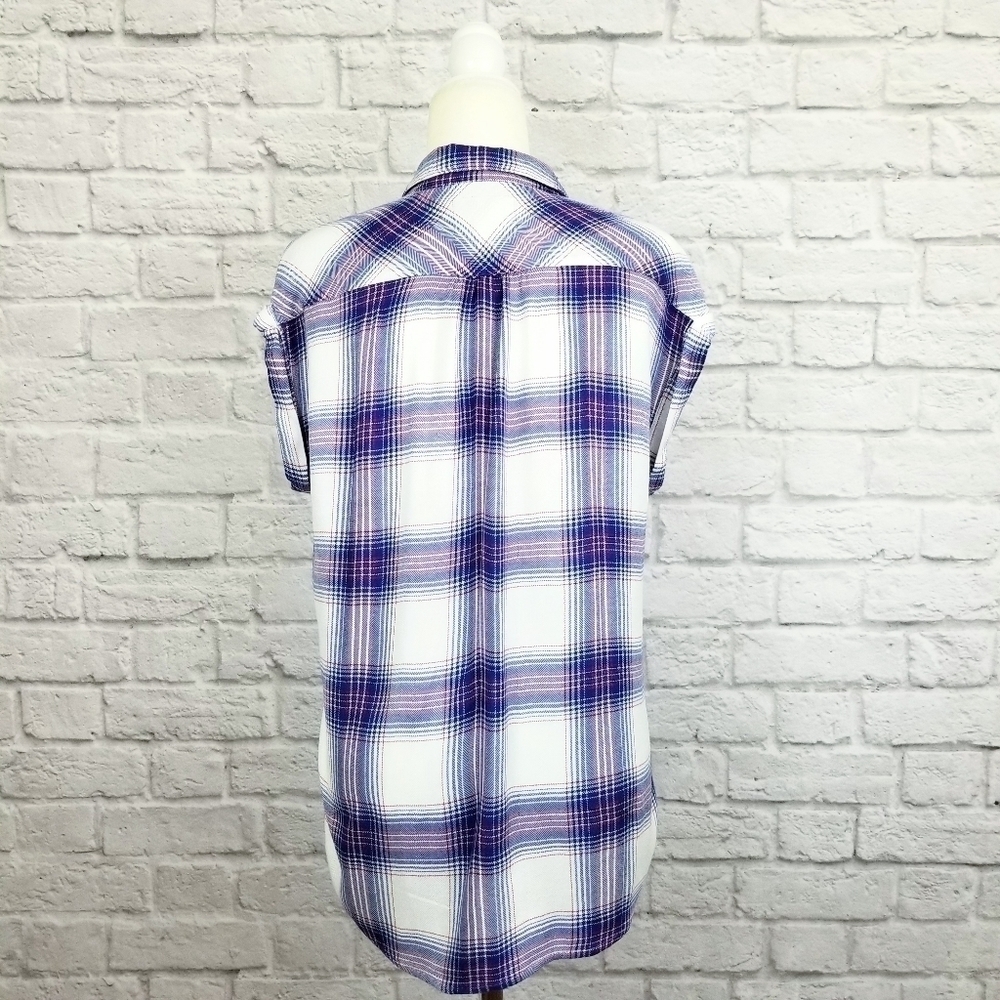 Rails Britt white blue red plaid short sleeve button front top women's size XS - Picture 7 of 9